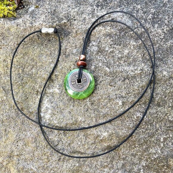 Green Canadian Jade Lucky Coin Pendant Necklace | Handmade - Picture 5 of 6
